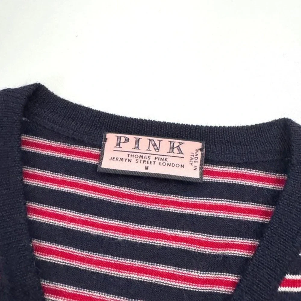 Thomas Pink V-Neck Sweater Mens Navy Red Striped 100% Merino Wool Italy‎ Size M